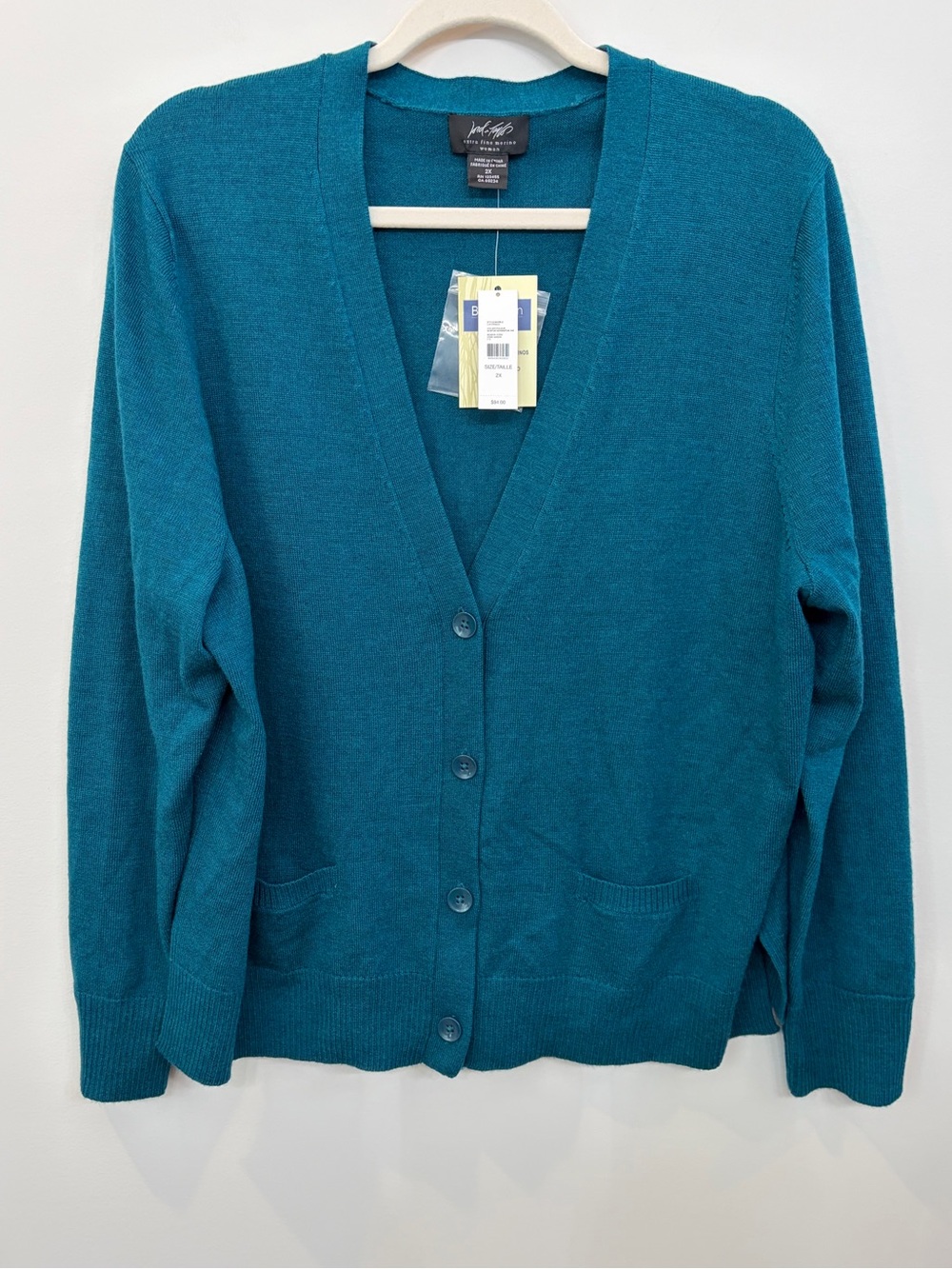 Lord & Taylor Womens 2X Teal Merino Wool V-Neck Button Pocket Cardigan Sweater